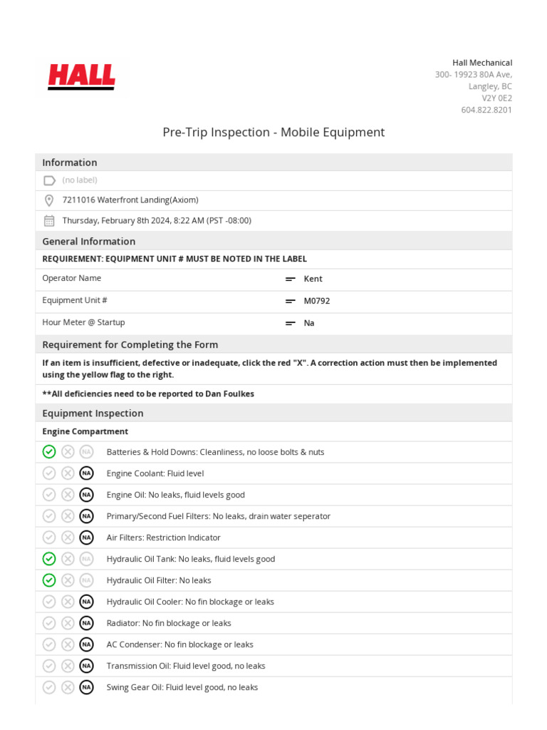 Mobile Equipment Inspection Checklist | PDF | Leak | Mechanical Engineering