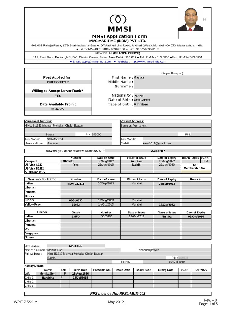 MMSI Application Form for Chief Officer | PDF | Shipping