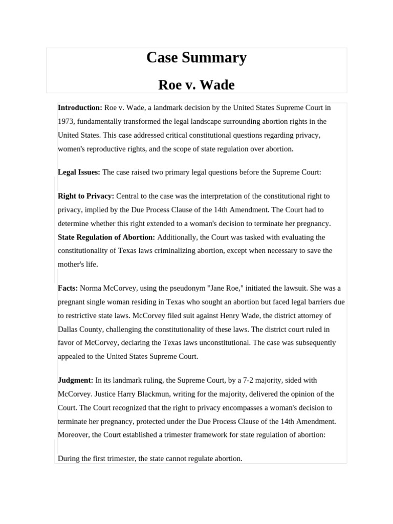 Case Summary (Roe Vs Wade) | PDF | Roe V. Wade | Planned Parenthood V ...