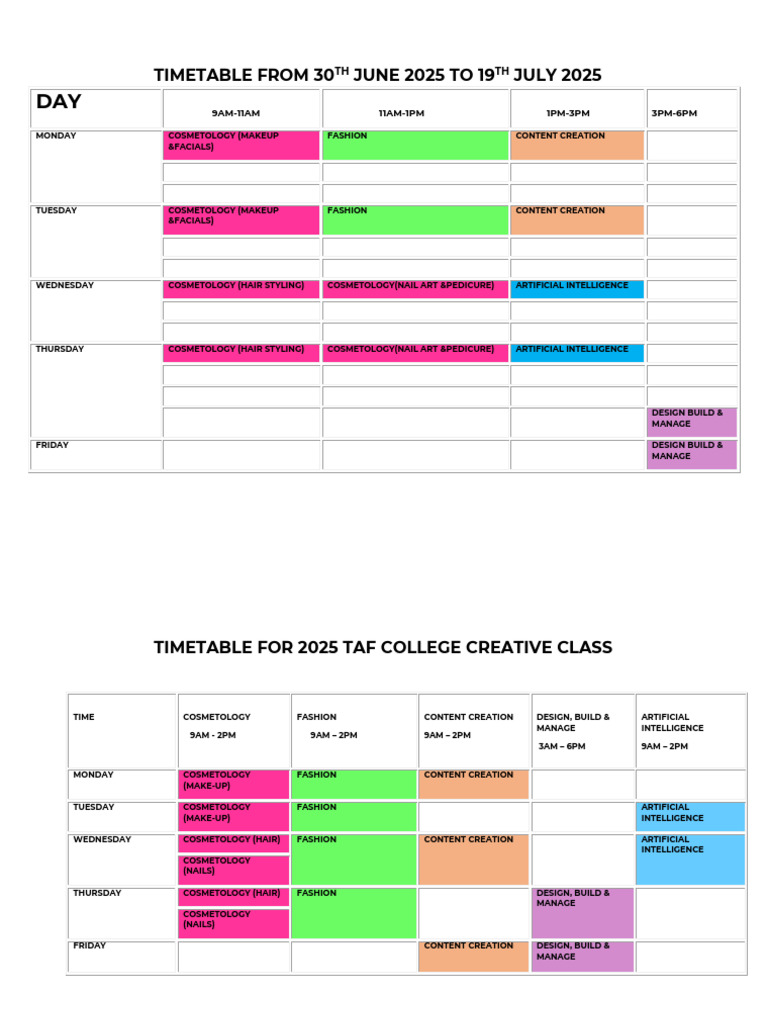 TAF College Creative Class Timetable | PDF | Beauty | Human Appearance