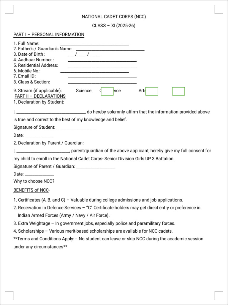 NCC Enrollment Form for 2025-26 | PDF