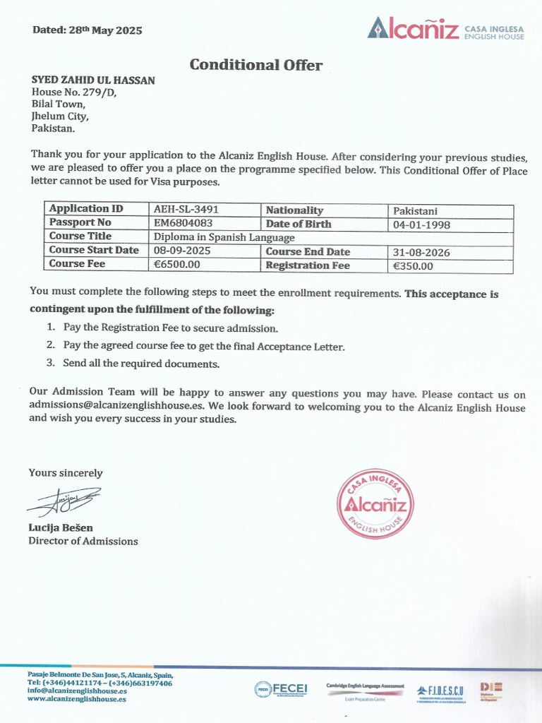 Conditional Offer Syed Zahid Ul Hassan. | PDF