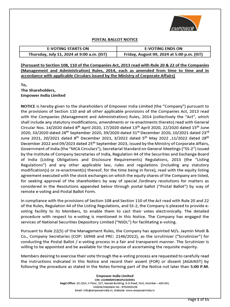 Empower India Limited Postal Ballot Notice | PDF | Login | Electronic ...