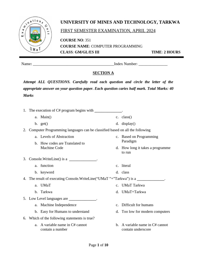 C# Programming Exam Questions | PDF | C Sharp (Programming Language ...