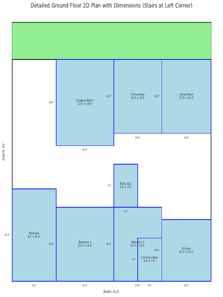 Ground Floor 2D House Plan with Dimensions | PDF