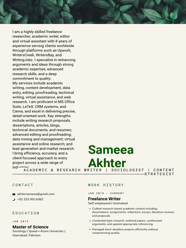 Freelance Academic Writer Profile | PDF | Editing | Academic Publishing