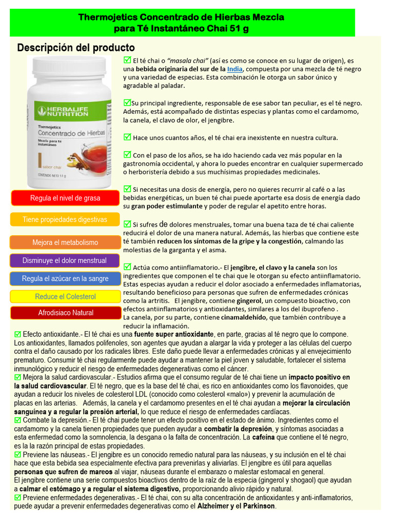 Beneficios del Té Chai Herbalife | PDF | Té | Antioxidante