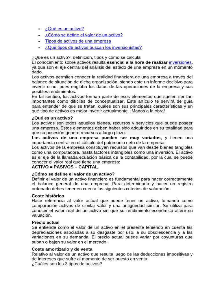 Tipos y Valor de Activos Empresariales | PDF | Inversiones | Business