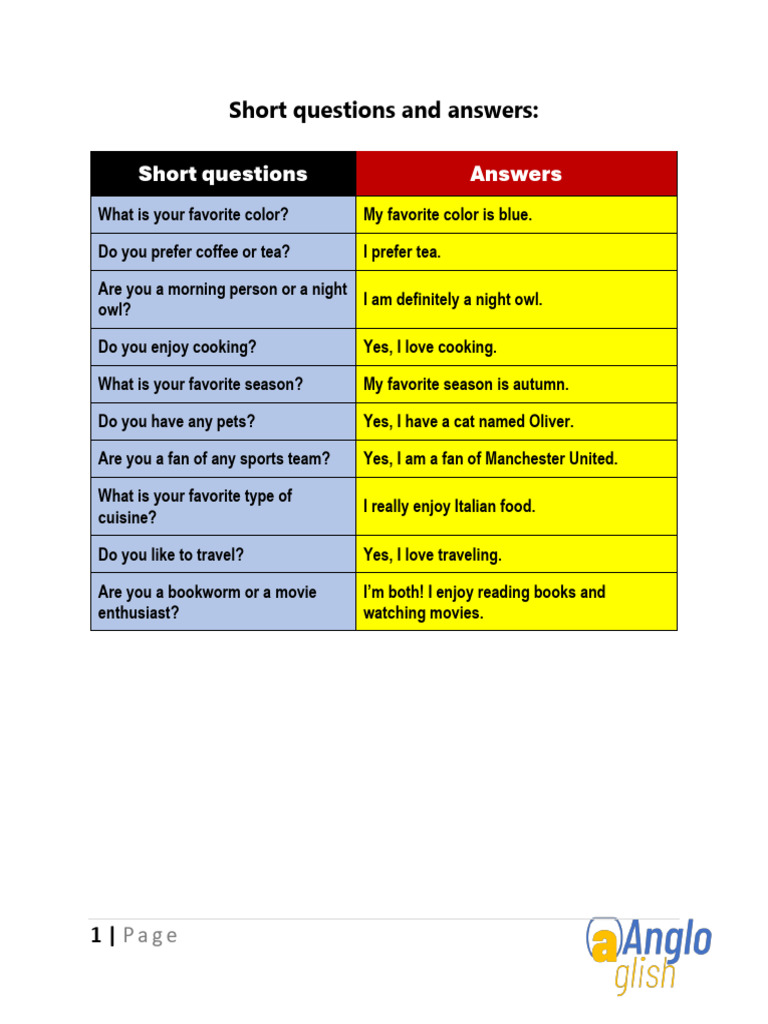 Short Q&A on Personal Preferences | PDF | Cooking | Foods
