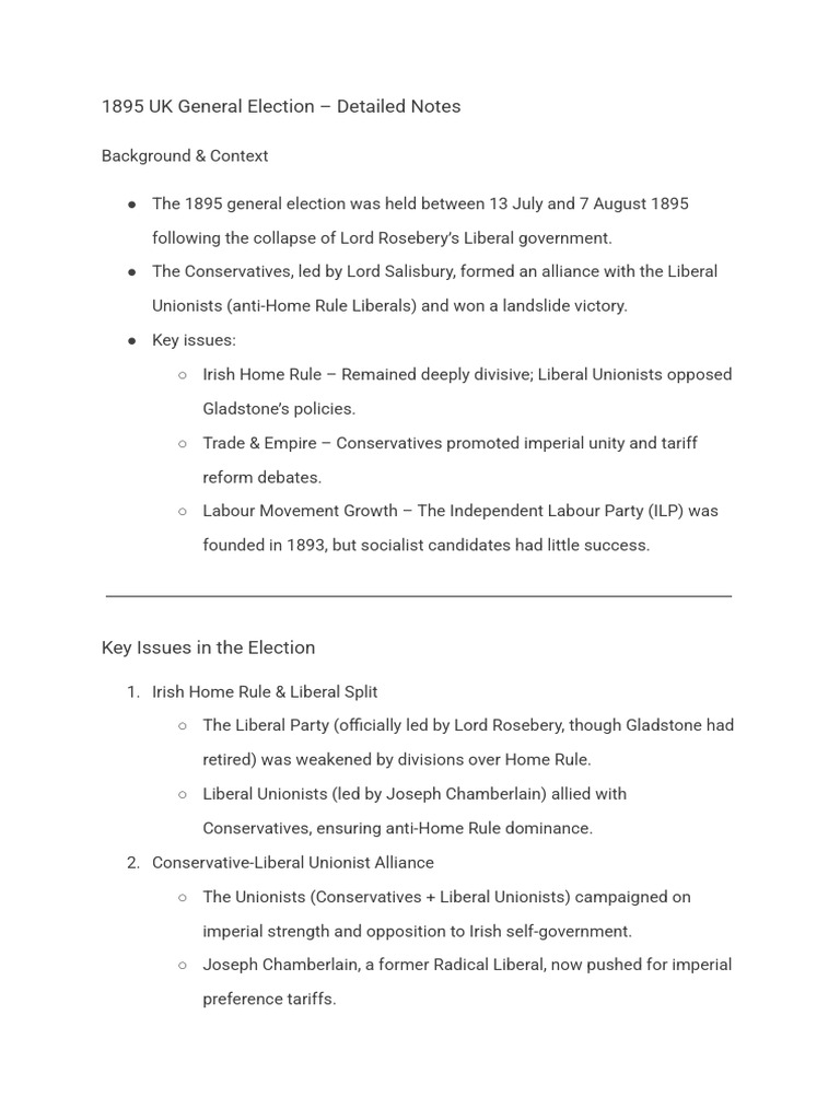 1895 United Kingdom General Election Notes | PDF | Liberal Party (Uk ...
