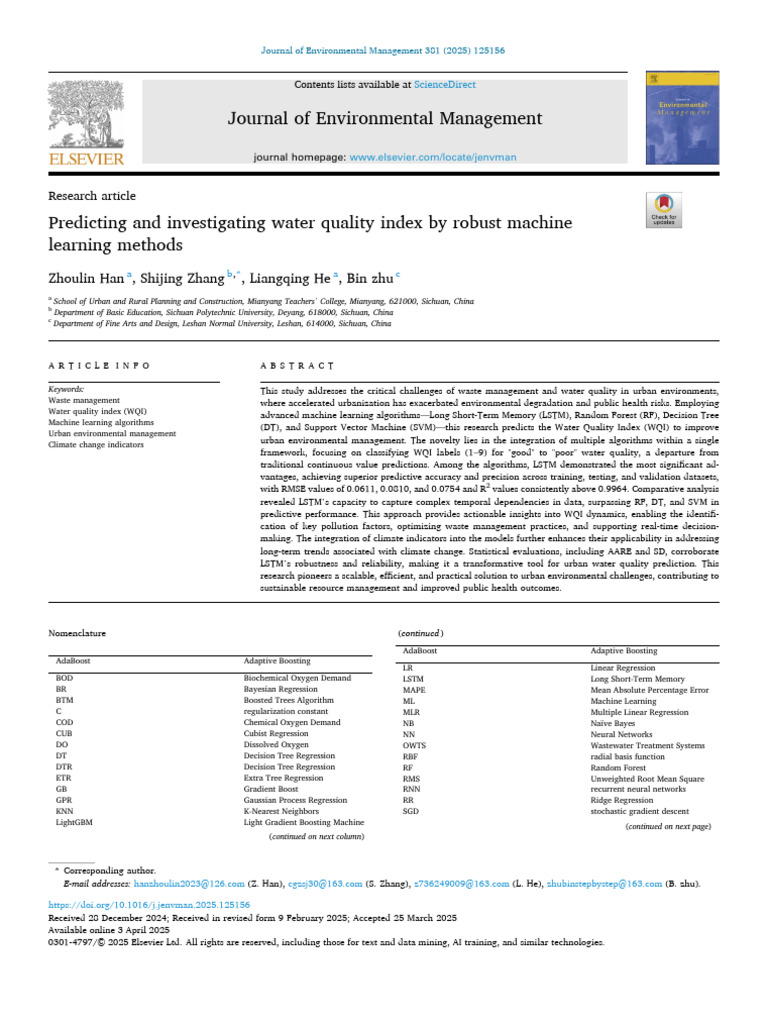 Predicting and Investigating Water Quality Index by Robust Machine ...
