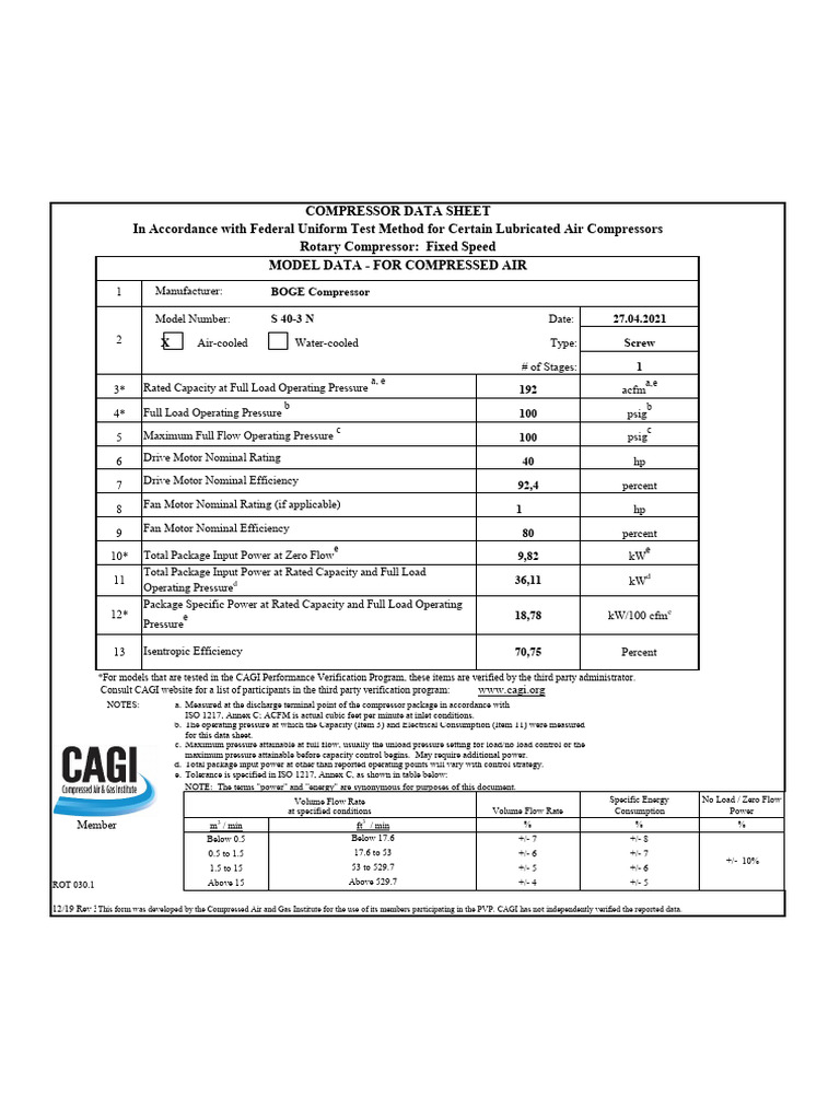 CAGI Data Sheet for Rotary Compressors | PDF | Continuum Mechanics ...