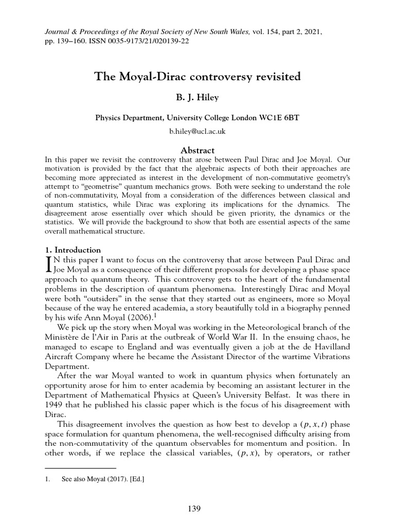 Moyal-Dirac Controversy Explained | PDF | Schrödinger Equation ...