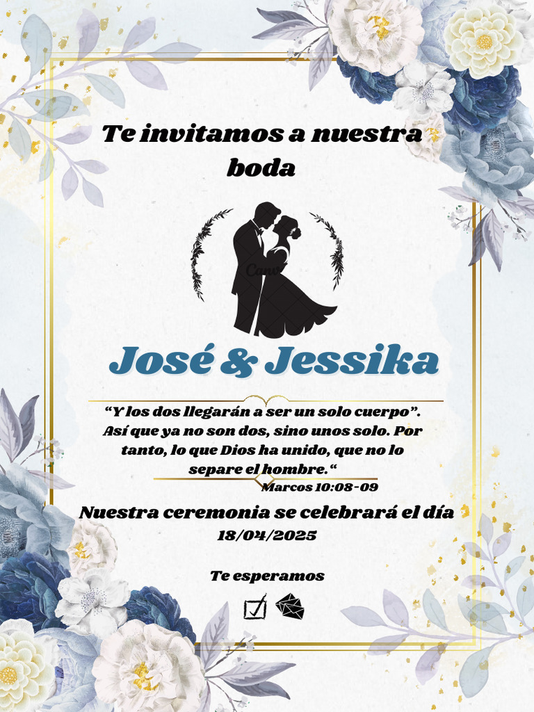 Video Invitación Virtual Boda Floral Azul y Dorado | PDF, image size:768x1024