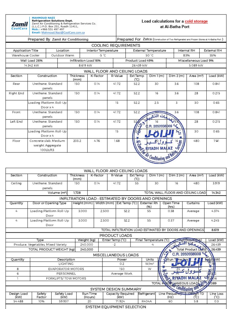 Cold Storage Load Calculation Summary | PDF | Refrigeration | Door