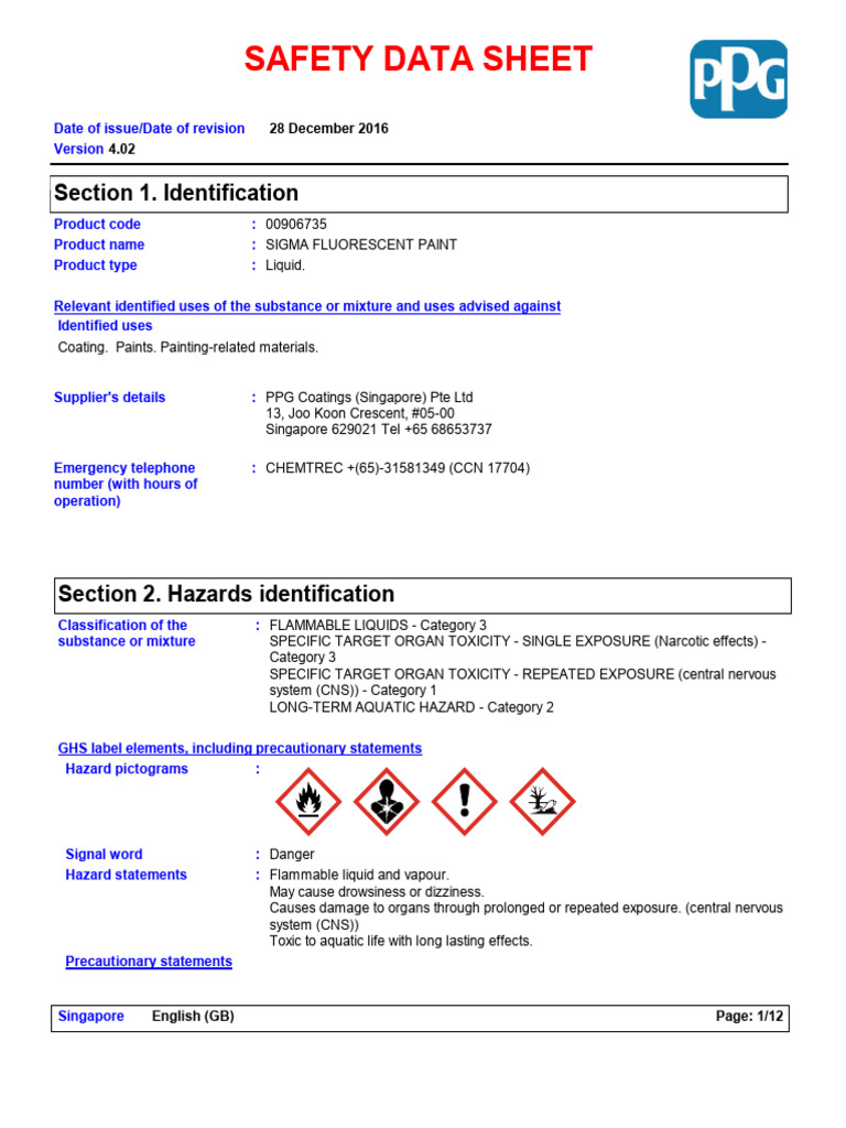 Sigma Fluorescent Paint Safety Data Sheet | PDF | Toxicity ...