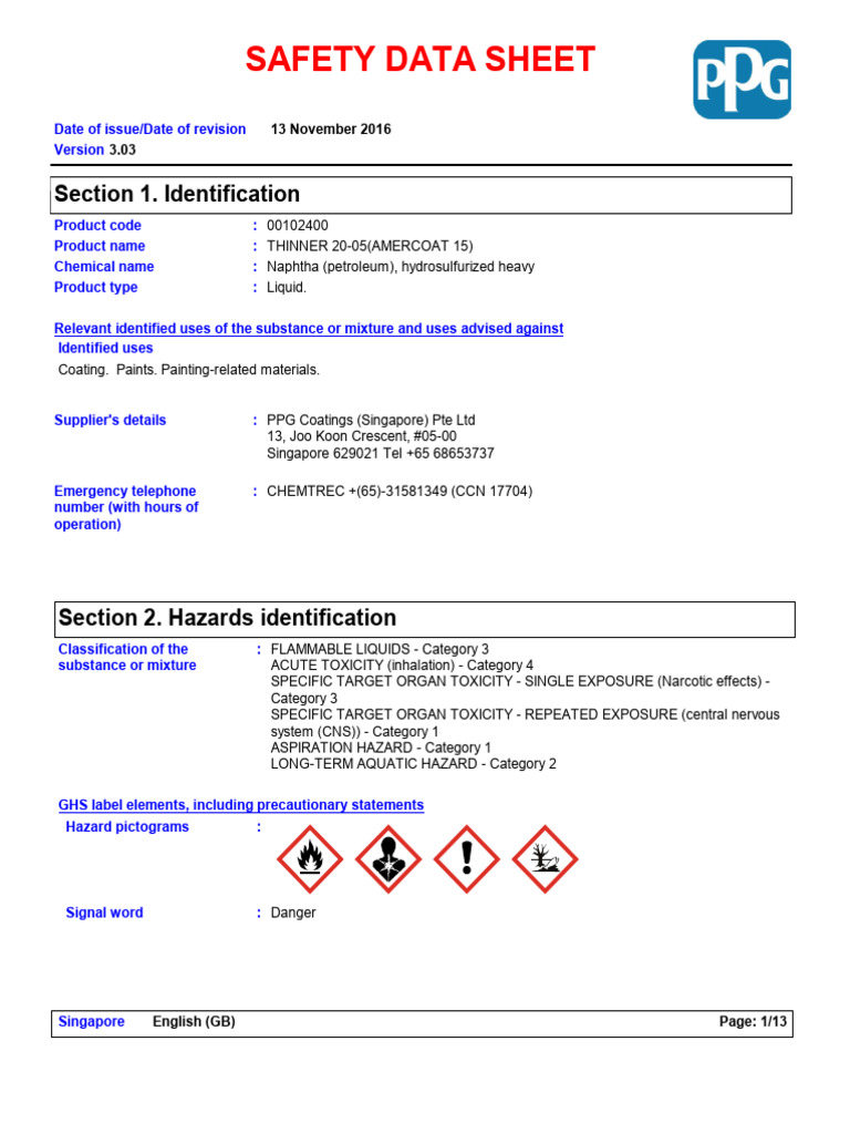 THINNER 20-05 Safety Data Sheet | PDF | Dangerous Goods | Toxicity