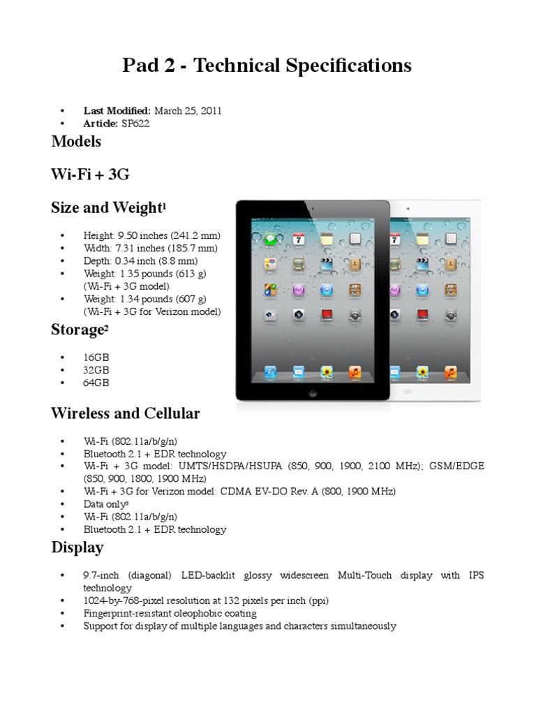 iPad 2 Technical Specifications | PDF | I Tunes | I Pad