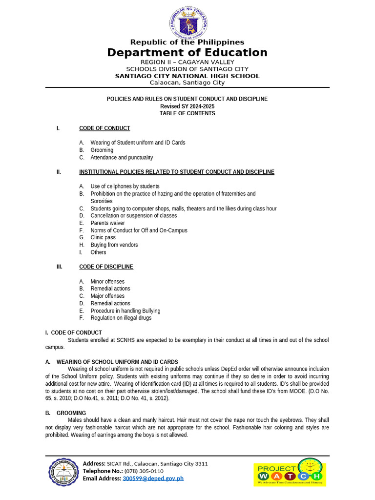 SCNHS Student Conduct Policies 2024-2025 | PDF