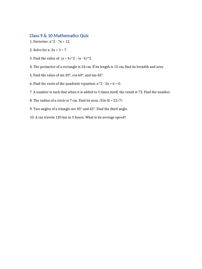 Class 9 10 Math Quiz | PDF