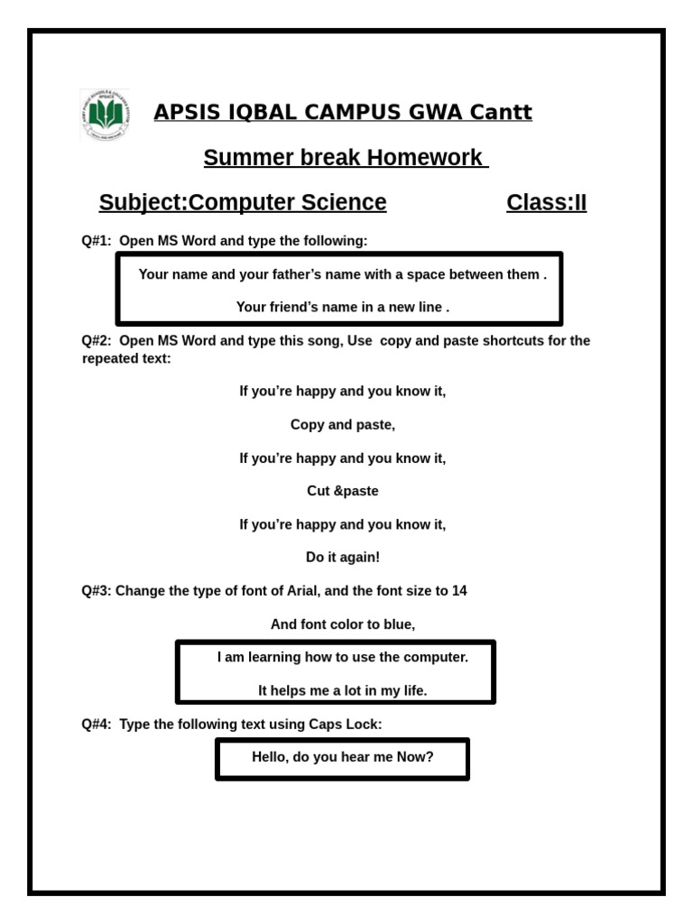 Computer Summer Break Homework | PDF