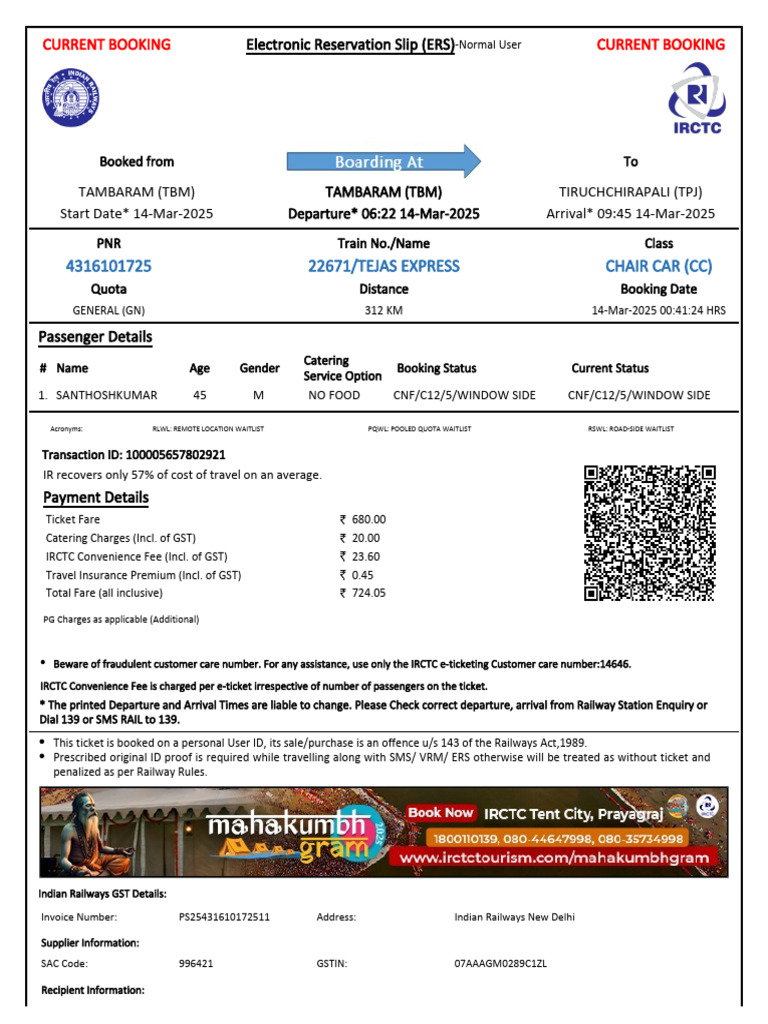 22671/tejas Express Chair Car (CC) | PDF | Identity Document | Payments