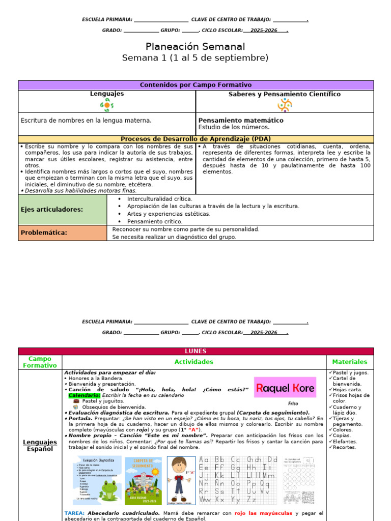 Planeación 1° Grado Septiembre 2025 | PDF | Educación primaria | Lápiz