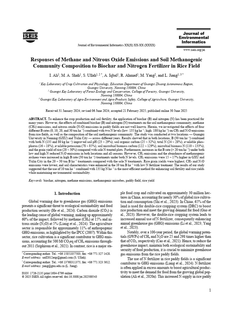 Biochar and Nitrogen Effects on Rice Emissions | PDF | Greenhouse Gas ...