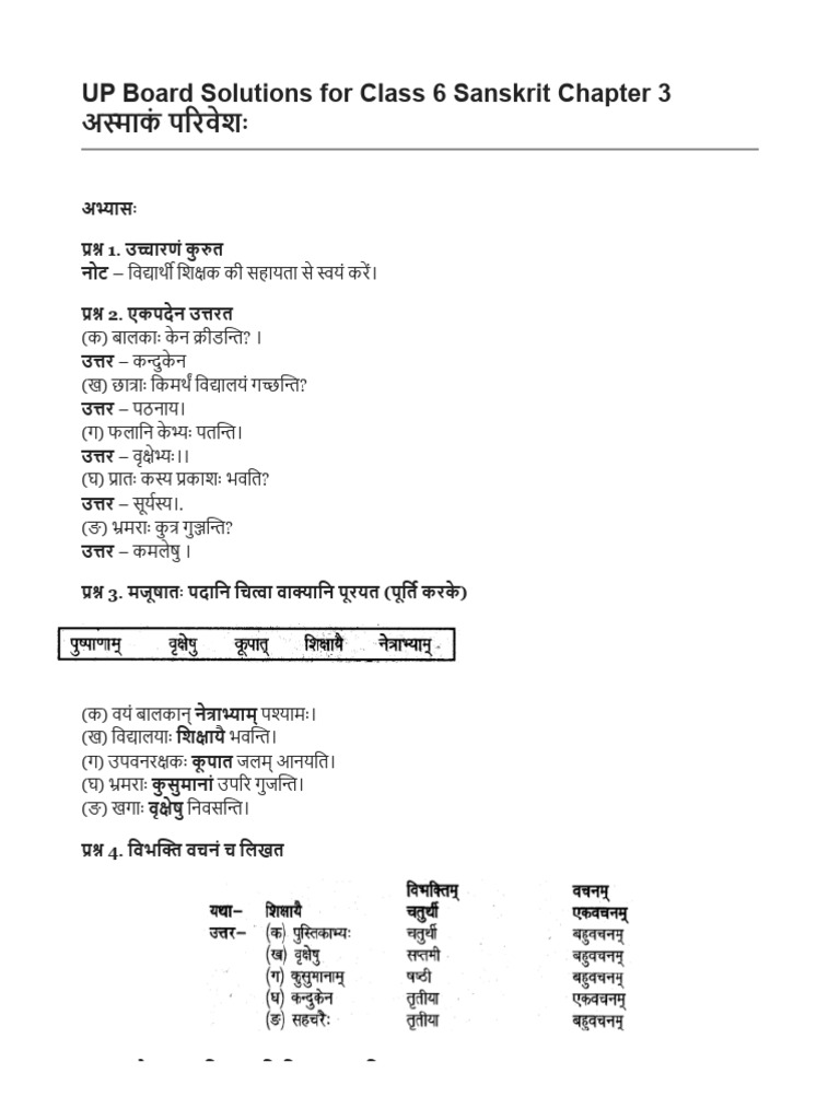 Class 6 Chapter 3 Sanskrit Piyusham Solution Up Board | PDF