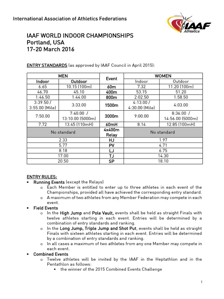 IAAF World Indoor Championships 2016 Entry Standards | PDF | Track And ...