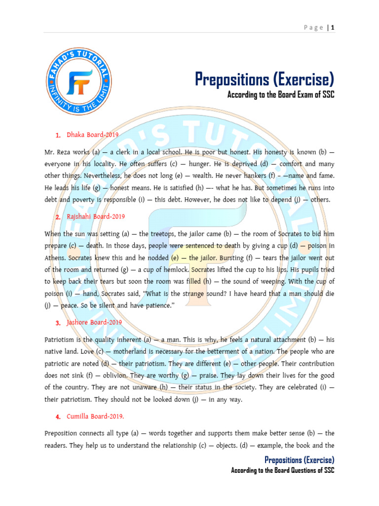 SSC Preposition Exercises and Answers | PDF