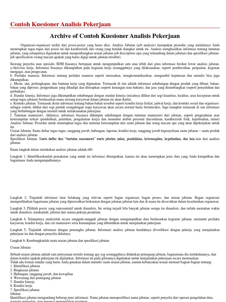 Archive of Contoh Kuesioner Analisis Pekerjaan