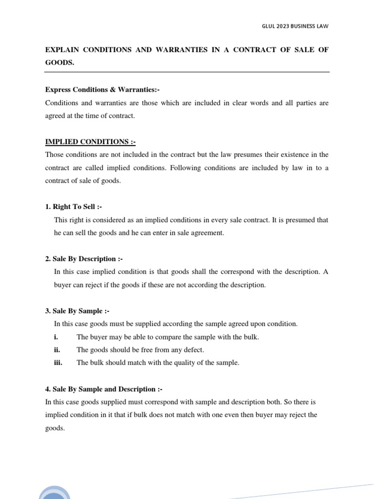 EXPLAIN Implied Conditions and Warranties in a Contract of SALE of