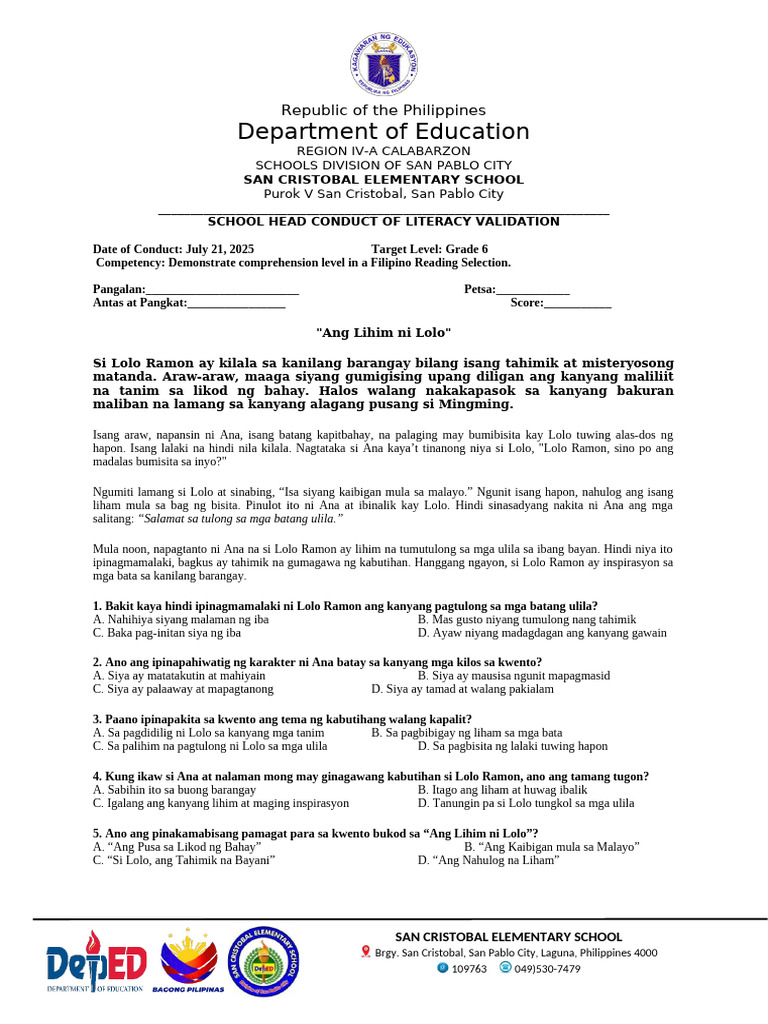 GRADE 6 FILIPINO READING SELECTION WITH AVERAGE LEVEL COMPREHENSION | PDF