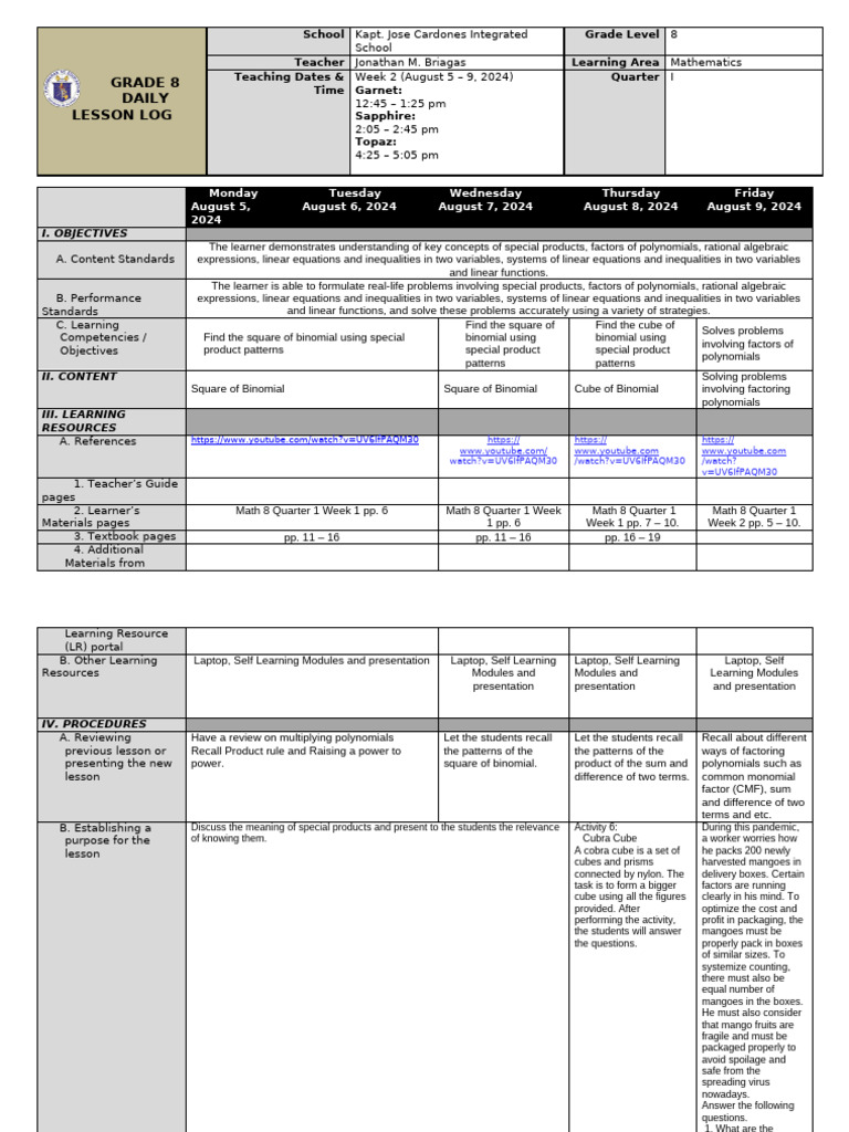 Grade 8 Math Lesson Plan: Week 2 | PDF | Equations | Variable (Mathematics)