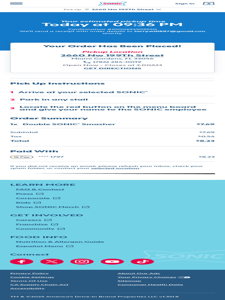 SONIC Pickup Confirmation & Instructions | PDF