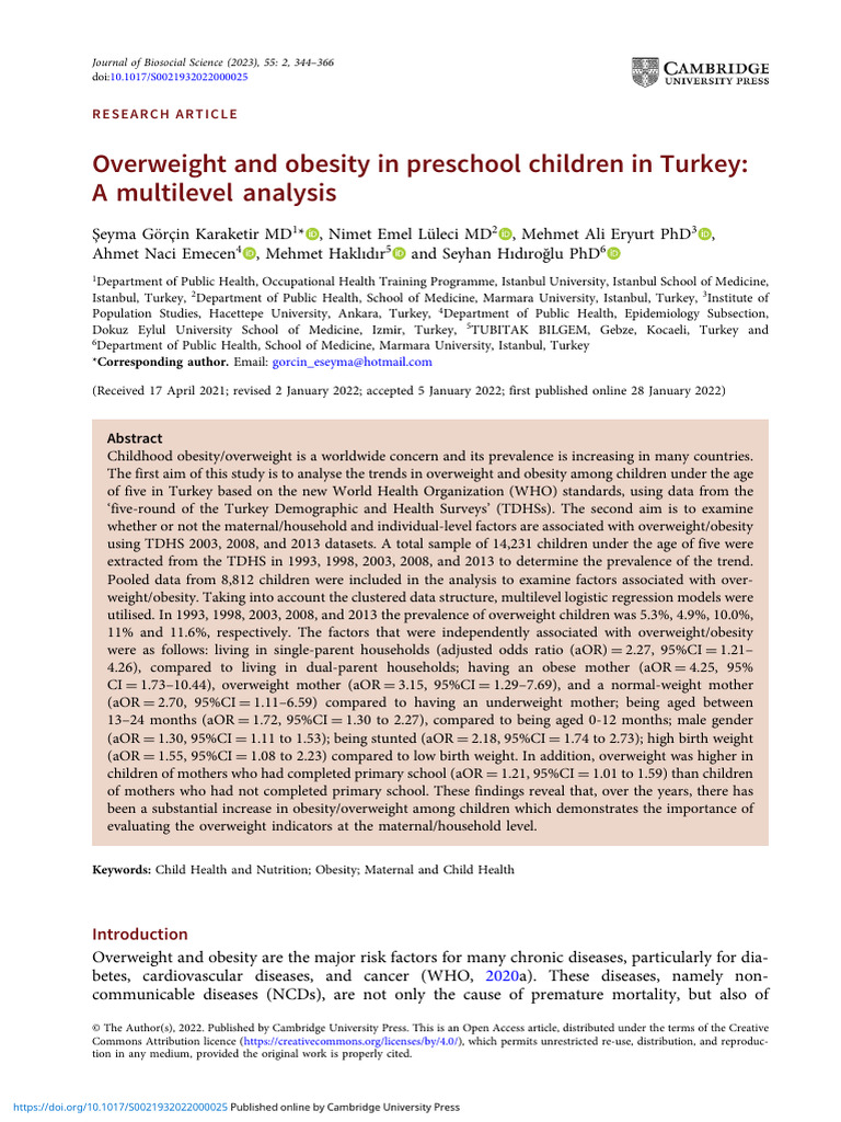 Overweight and Obesity in Preschool Children in Turkey A Multilevel ...