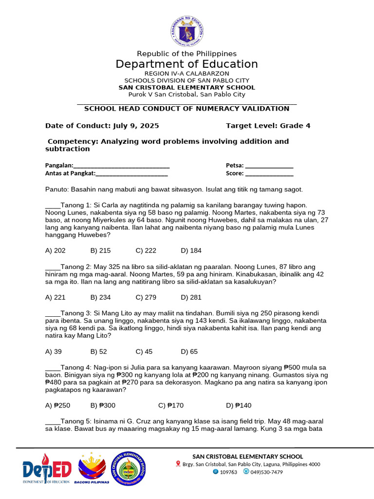 Grade 4 Word Problem On Addition & Subtraction Session 1 | PDF