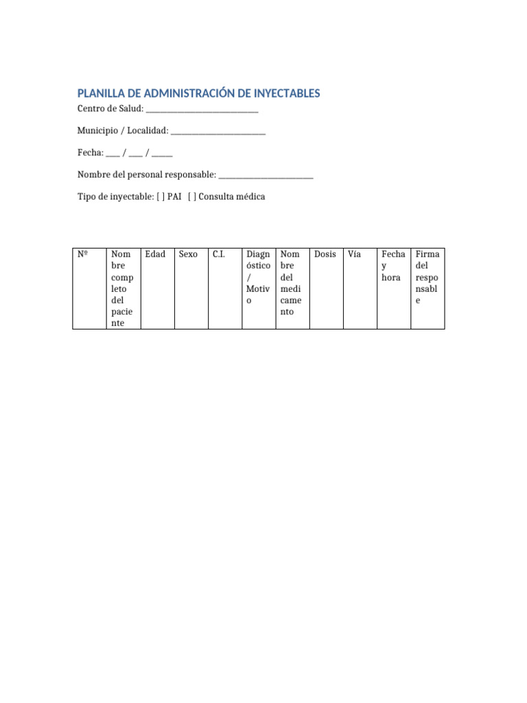 Planilla de Administración de Inyectables | PDF