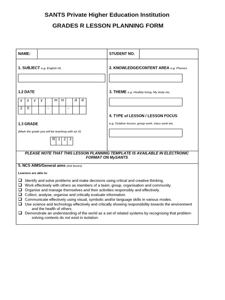 Grade R Lesson Planning Template | PDF | Learning | Knowledge