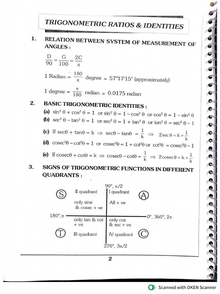 Trigonometry Formula CH 3 STD 11 TH | PDF