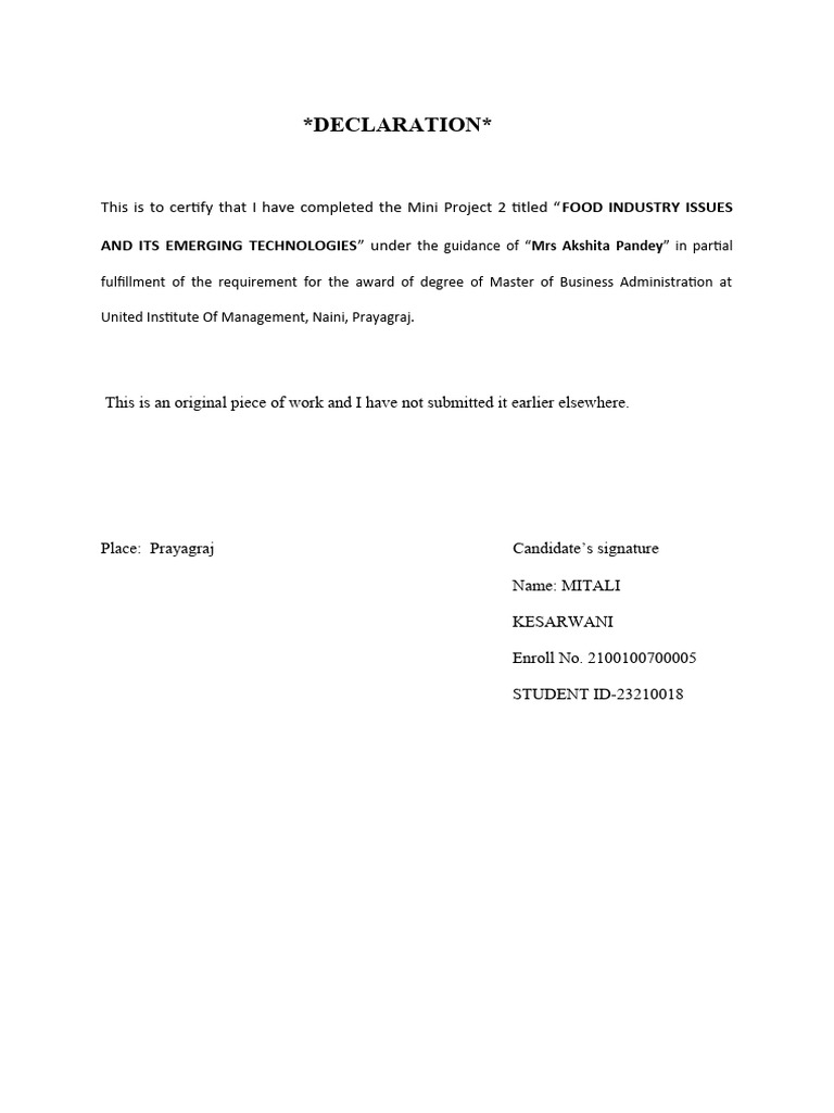Declaration : This Is To Certify That I Have Completed The Mini Project ...