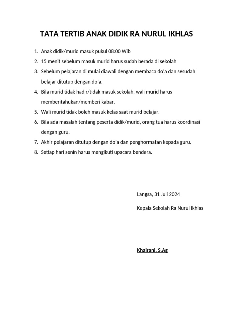 Tata Tertib Murid dan Guru RA Nurul Ikhlas | PDF