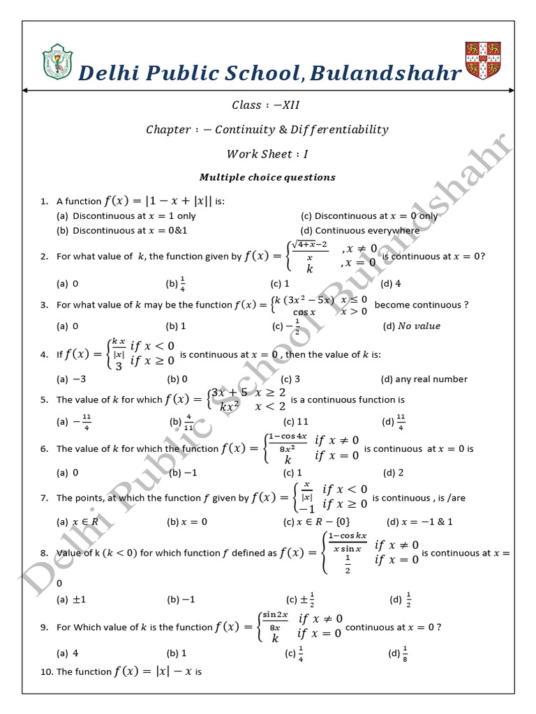 Continuity and Differentiability Worksheet | PDF | Function ...