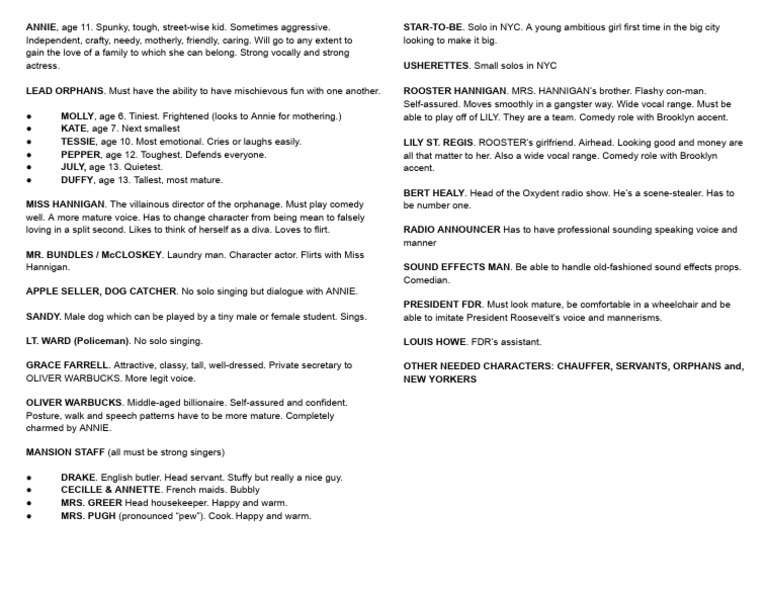 Annie Jr. Character Breakdown | PDF | Annie (Musical) | Broadway Musicals