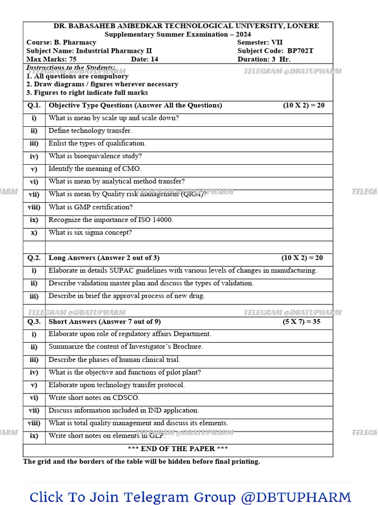 DBATU Industrial Pharmacy II Exam Paper | PDF | Clinical Trial ...