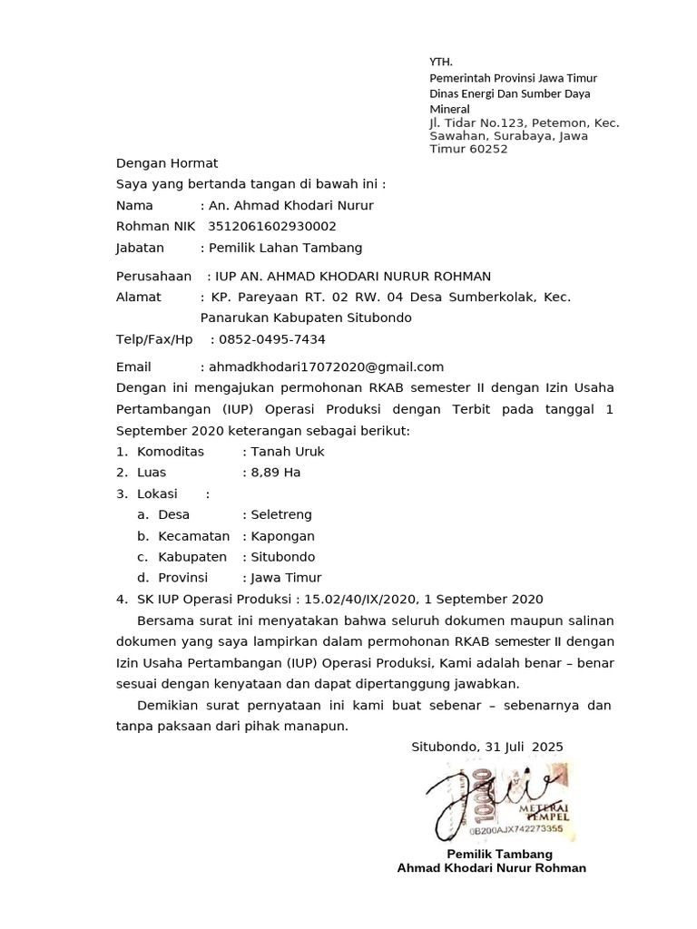 Permohonan RKAB Ahmad Khodari | PDF