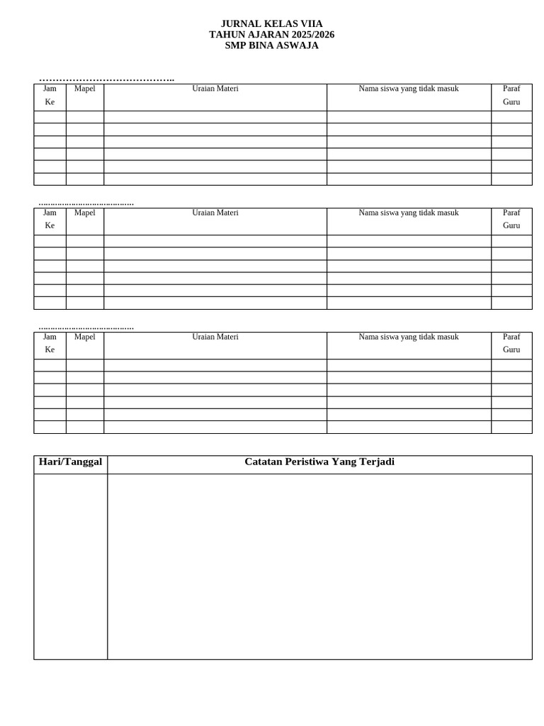 Format Jurnal Kelas VIIA SMP 2025/2026 | PDF