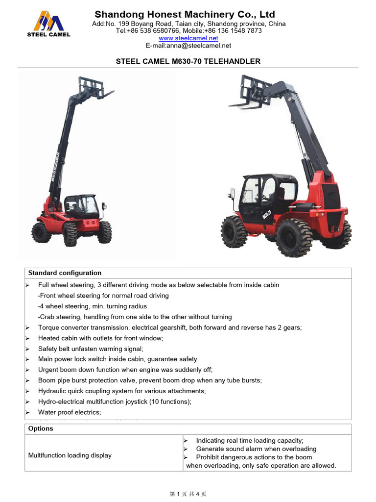 Steel Camel M630-70 Telehandler Specs | PDF | Truck | Steering