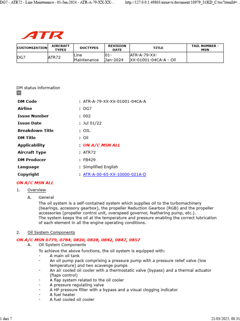 ATR72 Oil System Overview | PDF | Valve | Air Conditioning